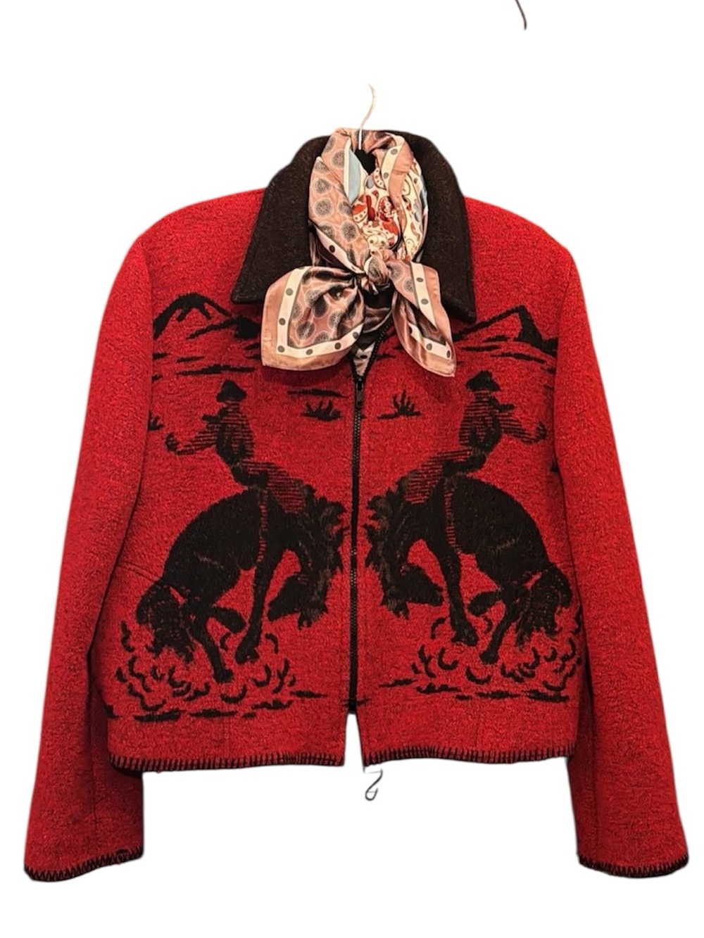 Vintage Rhonda Stark wool blend bucking broncos blanket coat red/black Sz large